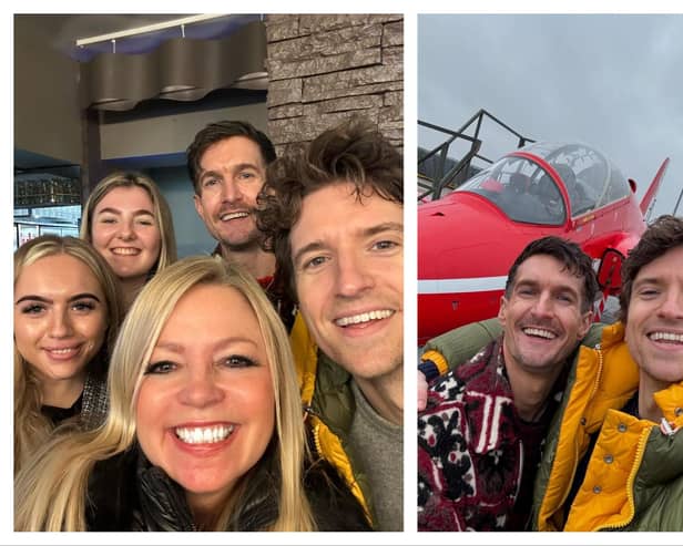 Radio 1 star Greg James stopped at Bawtry's Crown Hotel ahead of a leaving gift for his producer Chris Sawyer, a day with the Red Arrows. (Photos: Crown Hotel/Greg James).