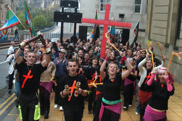 Marching into the Sheffield City centre, are churchgoers of the Jesus Army. The group set off from Ponds Forge in 2003, where a Jesus Fellowship Praise Day conference was  taking place