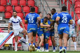 Doncaster's Jason Tali celebrates his try. Picture: Andrew Roe/AHPIX LTD