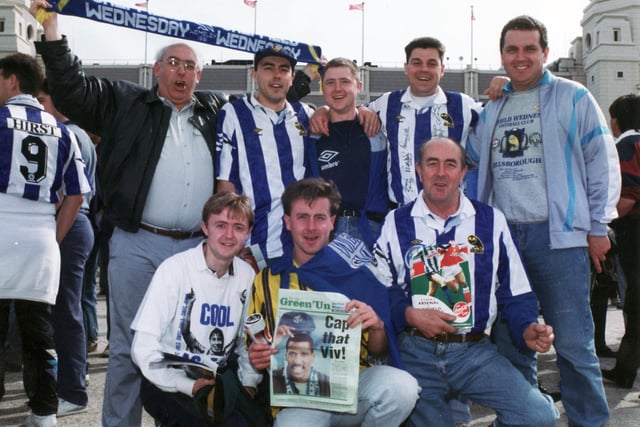 Wednesday fans outside Wembley for the League Cup final against Arsenal in April 1993. Pictured are members of the Wilsher and Finnigan families from Crookes.