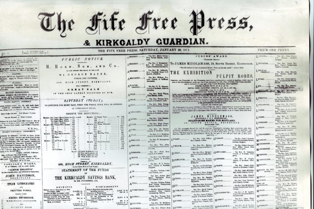 Front page of the Fife Free Press from 1871 - first paper produced