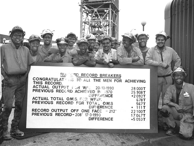 In October 1990 miners at Rufford Colliery smashed a 20 year production record at the pit producing 28,000 at 6.78 tonnes per man shift