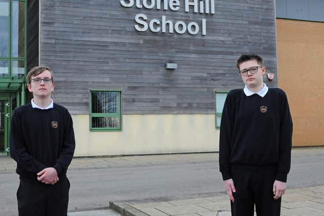 Callum-Lea Willott, 15 and Taylor Coleman, 15, pictured outside Stone Hill School. Picture: NDFP-09-03-21-StolenBikes 2-NMSY