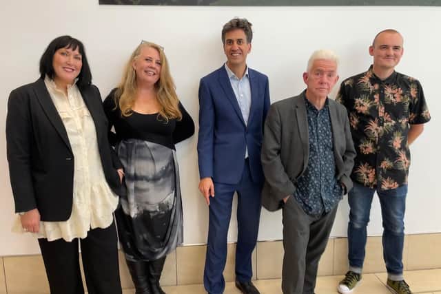 Karen Staniforth, Frenchgate general manager, Juliet Farrar, Executive Director of DONCASTER CREATES, Ed Miliband MP, Yorkshire poet Ian McMillan and photographer Jamie Bubb.