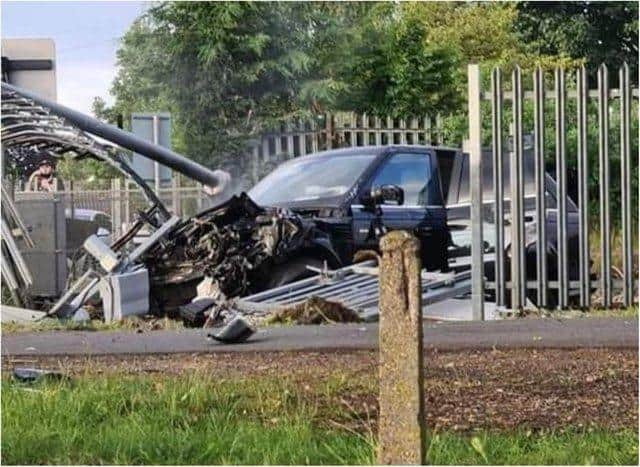 The wreckage of the Range Rover that smashed into a train in Doncaster.