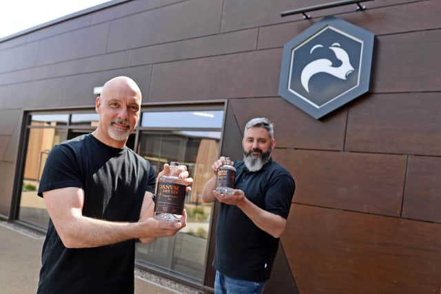 Paul Stillings and Carl Lindley, pictured with their Danvm Dry Gin.
