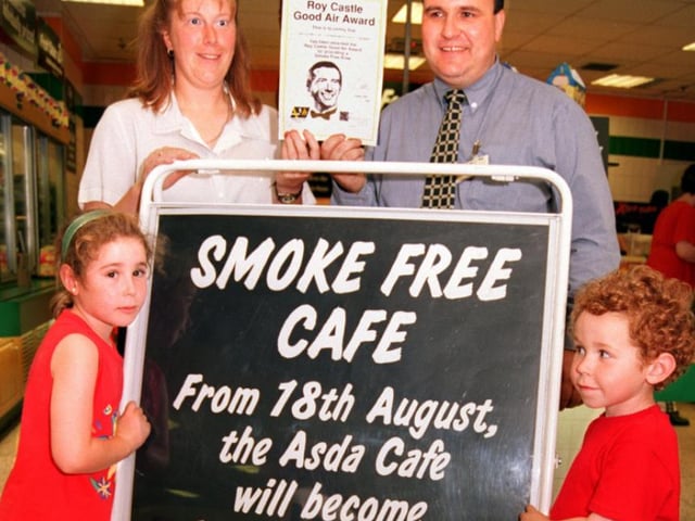 Julie Millet of Doncaster Health presented a certificate to Asda Doncaster's catering manager when the cafe went smoke free in 1997