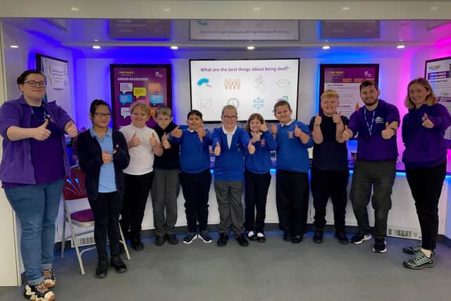 A group of deaf pupils from Plover Primary and Doncaster Deaf School flanked by the Roadshow’s Lewis Rogers (far L), and Luke Collins-Hayes and Anna O’Driscoll (far R)