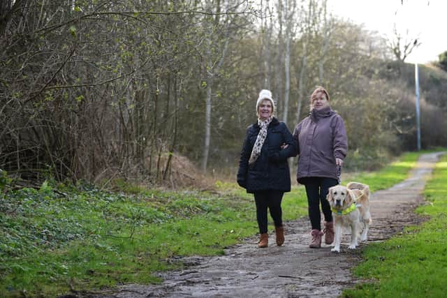 Maureen Barnes, Treasurer and Antonia Swift, with her Guide Dog Page, pictured. Picture: NDFP-22-02-20 FriendsCrags 5-NMSY