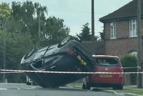 The overturned car in Rossington this afternoon.