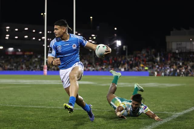 Taylan May of Samoa makes a break during the Men's International Test Match between Samoa and the Cook Islands at Campbelltown Sports Stadium on June 25, 2022 in Sydney, Australia. (Photo by Mark Kolbe/Getty Images)