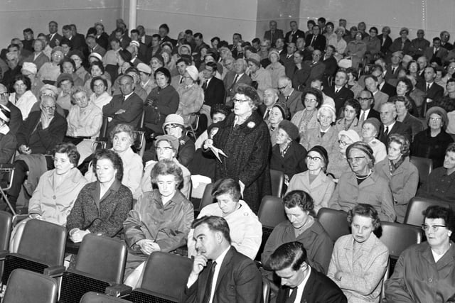 A member of the audience makes her point at a meeting in Hawick Town Hall to discuss the closure of the Edinburgh-Hawick section of the Waverley Line, September 1966.