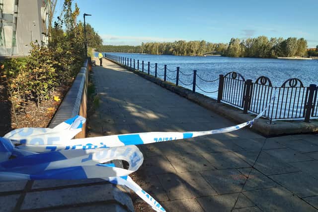 Lakeside crime scene, Doncaster. Police have sealed off part of the area NDFP-22-10-20-Lakeside crime scene