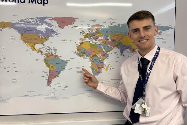 Ryan Moody, from Rossington All Saints Academy, points the way to St Helena.