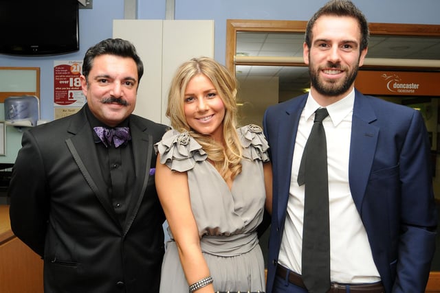 (l-r) Ford Qureshi, of DRI, Emma Beaglehole, of Doncaster Knights and Adam Underwood, of Leeds United, at the Doncaster Knights Movember Ball in 2011