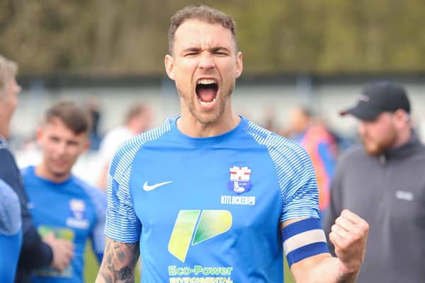 Rossington Main goalscorer and captain Greg Young celebrates victory in the play-off semi-finals. Picture: Russ Sheppard/Offthebenchpics