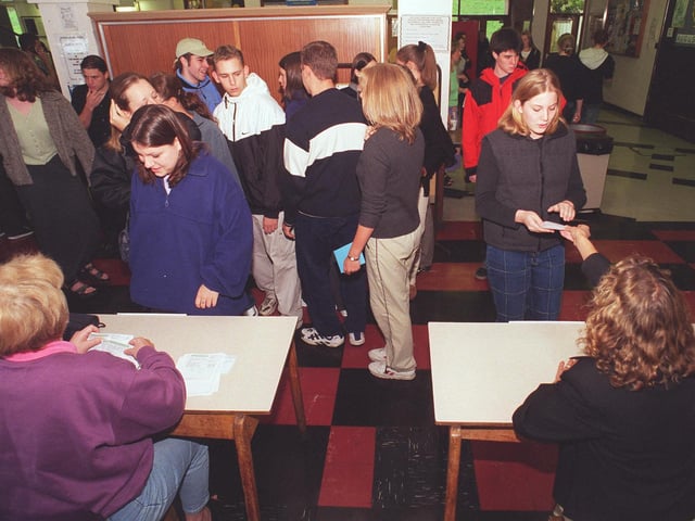 Tapton Pupils queued for their A level results in 1999