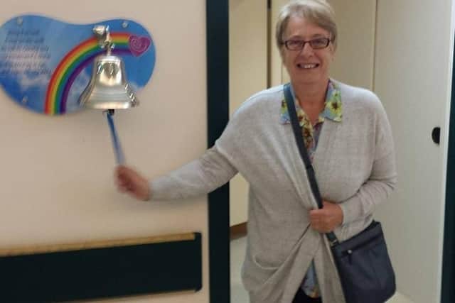 Teresa’s mum rings the bell in the Chatsfield Suite (Chemotherapy) at Doncaster Royal Infirmary.