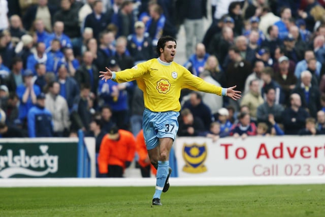 Michael Reddy celebrates scoring against Portsmouth at Fratton Park in April 2003.