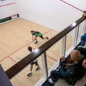 Peering down on Doncaster Squash Club's Joel Arscott competing against Dunnington's Seif Heikel in the Yorkshire Premier League (Picture: Tony Johnson)