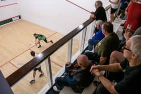 Peering down on Doncaster Squash Club's Joel Arscott competing against Dunnington's Seif Heikel in the Yorkshire Premier League (Picture: Tony Johnson)