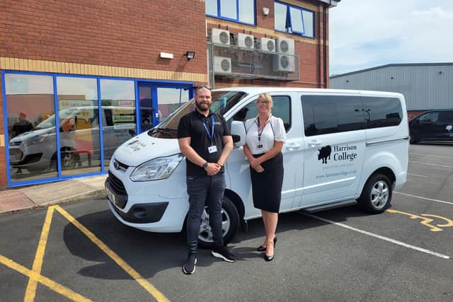Stewart Olsen from ORB Recruitment with Gemma Peebles from Harrison College with the new minibus