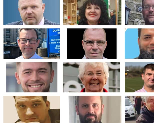 The full line up for the Doncaster 2025 mayoral race. Top row, from left, David Bettney, Julie Buckley, Frank Calladine Second row: Nick Fletcher, Andy Hiles, Ashan Jamil. Third row: Alexander Jones, Ros Jones, Mihai Melanciuc Bottom row: Richie Vallance, Andrew Walmsley, Doug Wright.