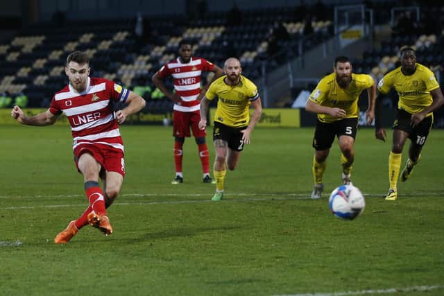 Ben Whiteman fires in from the penalty spot against Burton Albion. Picture: Craig Brough/AHPIX