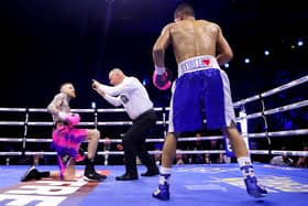 Gary Cully reacts after being knocked down by Jose Felix, as the Referee starts the count, during the Lightweight fight between Gary Cully and Jose Felix at The 3Arena Dublin on May 20, 2023 in Dublin, Ireland. (Photo by James Chance/Getty Images)