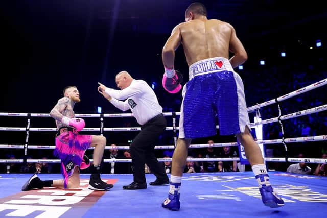 Gary Cully reacts after being knocked down by Jose Felix, as the Referee starts the count, during the Lightweight fight between Gary Cully and Jose Felix at The 3Arena Dublin on May 20, 2023 in Dublin, Ireland. (Photo by James Chance/Getty Images)