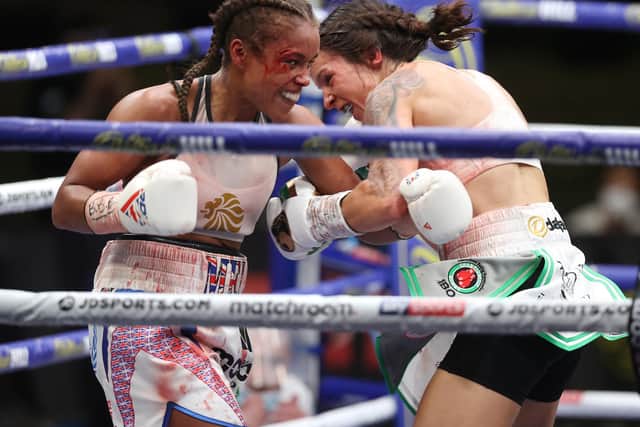 Natasha Jonas and Terri Harper fire in shots against each other during their brilliant bout. Picture: Mark Robinson