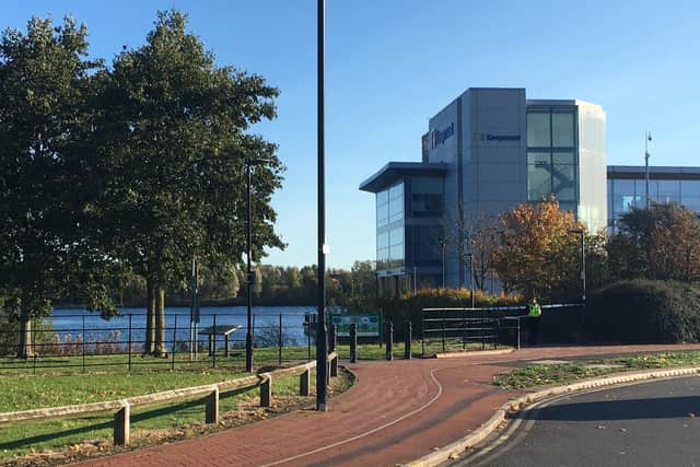 A police officer at Lakeside, Doncaster, where a cordon is in place this morning