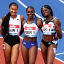 (l-r) Beth Dobbin, Imani Lansiquot, Dina Asher-Smith and Daryll Neita celebrate winning the 4x100m relay in Birmingham. Photo: Naomi Baker/Getty Images