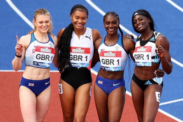 (l-r) Beth Dobbin, Imani Lansiquot, Dina Asher-Smith and Daryll Neita celebrate winning the 4x100m relay in Birmingham. Photo: Naomi Baker/Getty Images
