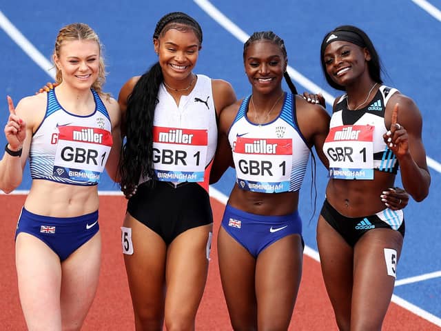 (l-r) Beth Dobbin, Imani Lansiquot, Dina Asher-Smith and Daryll Neita celebrate winning the 4x100m relay in Birmingham. Photo: Naomi Baker/Getty Images