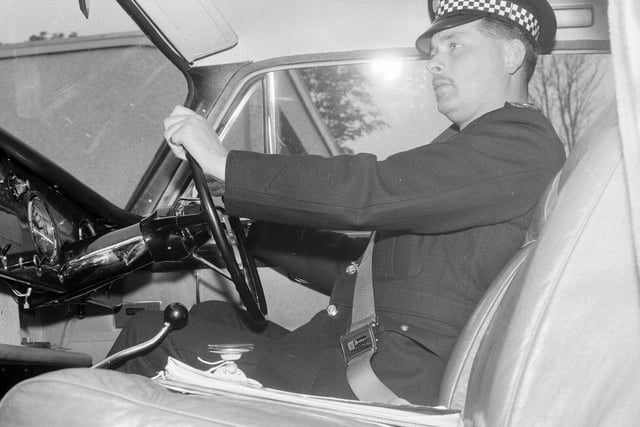 Hawick police fast driving test - traffic patrolman John Denholm at the wheel, August 1965.