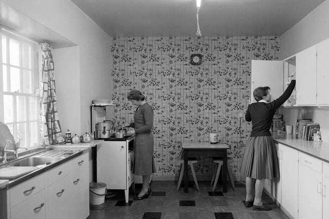 Hawick Old Parish Manse - Mrs Anderson and daughter Catherine in their contemporary kitchen, October 1961.