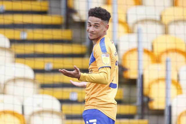 Tyrese Sinclair celebrates a goal for previous club Mansfield Town.