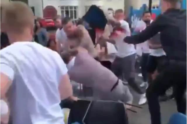 England fans brawl in the footage, said to have been filmed in Doncaster.