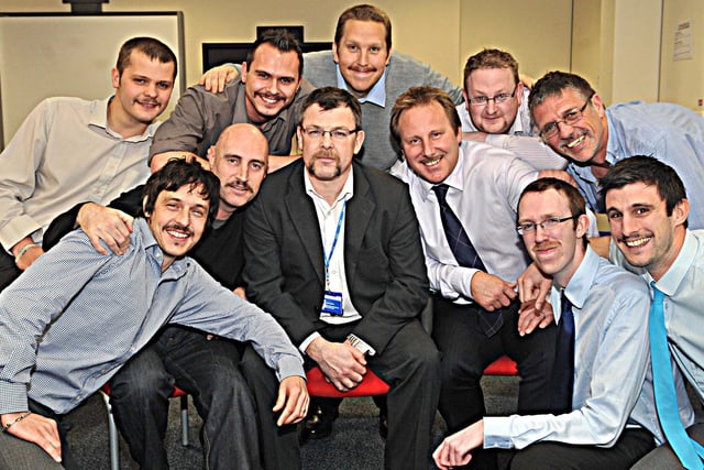 Pictured at Doncaster NHS, 14 team  workers at the Doncaster NHS offices at Gresley House Ten Pound Walk Doncaster , are all sported moustaches  of various styles and size to raise money for men's health charities in 2011