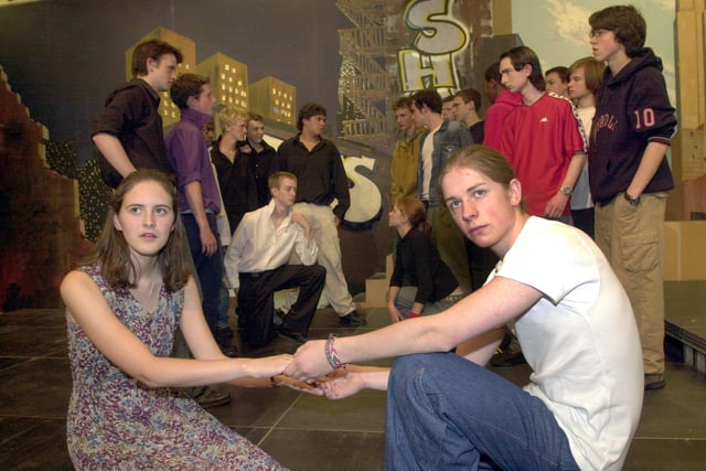 A scene from West Side Story at Tapton School, Sheffield,  with Alice Hill as 'Maria'  and Dave Todd as 'Tony' in 2003