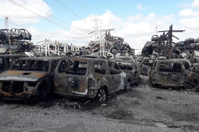 Around 900 cars are believed to have been damaged at the car lot blaze in Carcroft, Doncaster