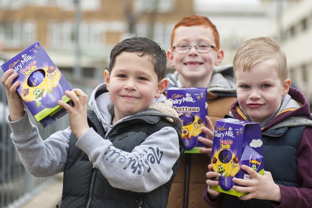 Callum Hardy (five), Cayden Rout (seven) and Cohen Rout (six) from Armthorpe in Doncaster with their Easter eggs in 2016