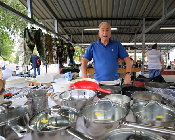 Doncaster outdoor market. Stall holder Tony Jackson.