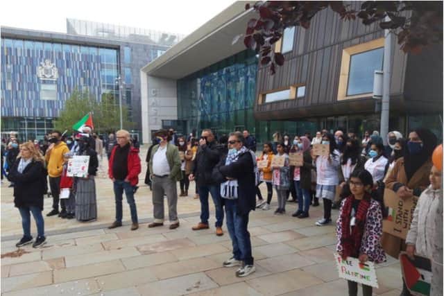 More than 250 people gathered in Sir Nigel Gresley Square in the vigil for Palestine.