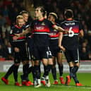John Marquis celebrates scoring for Rovers in the 2019 League One play-off semi-final second leg at Charlton. Photo by Bryn Lennon/Getty Images