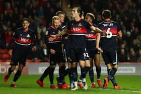 John Marquis celebrates scoring for Rovers in the 2019 League One play-off semi-final second leg at Charlton. Photo by Bryn Lennon/Getty Images