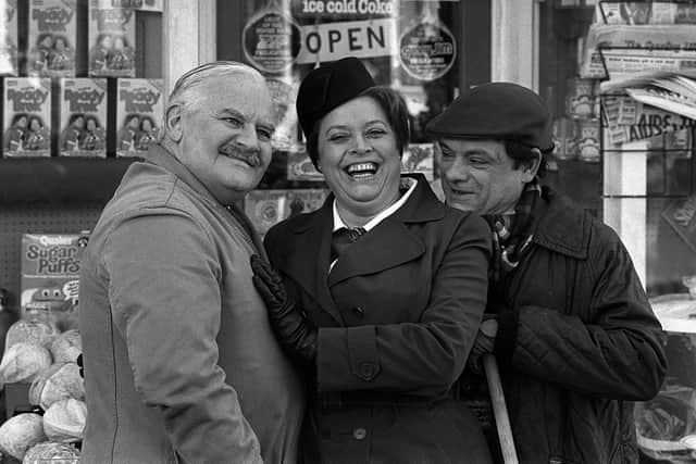 Lynda Baron with her co-stars Ronnie Barker and David Jason on set in Doncaster