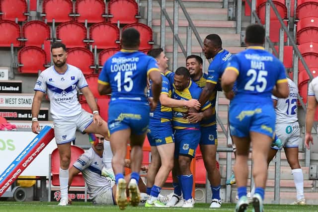 Jason Tali celebrates scoring against Toulouse. Picture: Andrew Roe/AHPIX LTD