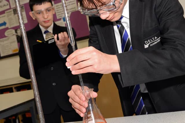 Richard Howey, and Ryan Mills, both 13, pictured during a Science lesson. Picture: NDFP-03-03-20 DeWarenneAcademy 7-NMSY